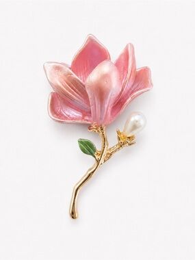 Pink Magnolia Flower Brooch Pin – Gold Tone Enamel Floral Statement Brooch‎